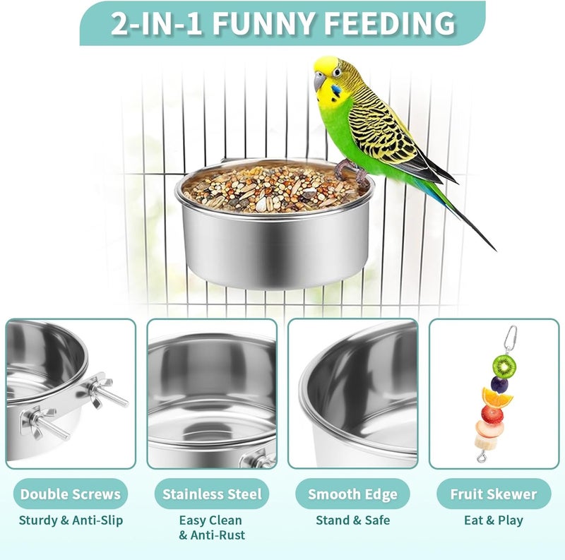 VOXGET 2 Pcs Bird Feeder Bowls with 3 Pcs Food Holder for Cage, Parrot Food Water Bowls and Fruit Skewer Foraging Toy, Stainless Steel Bird Feeding Dish Cups for Small Animals (Silvery, 5 Pcs) - Image 2